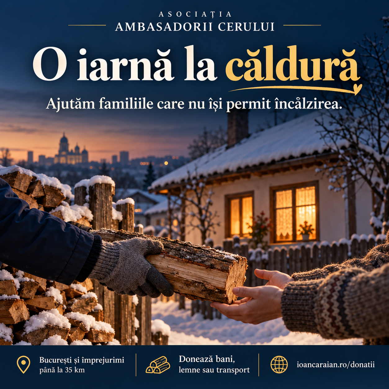 O casă luminată în timpul iernii și lemne pentru încălzire — ilustrația campaniei