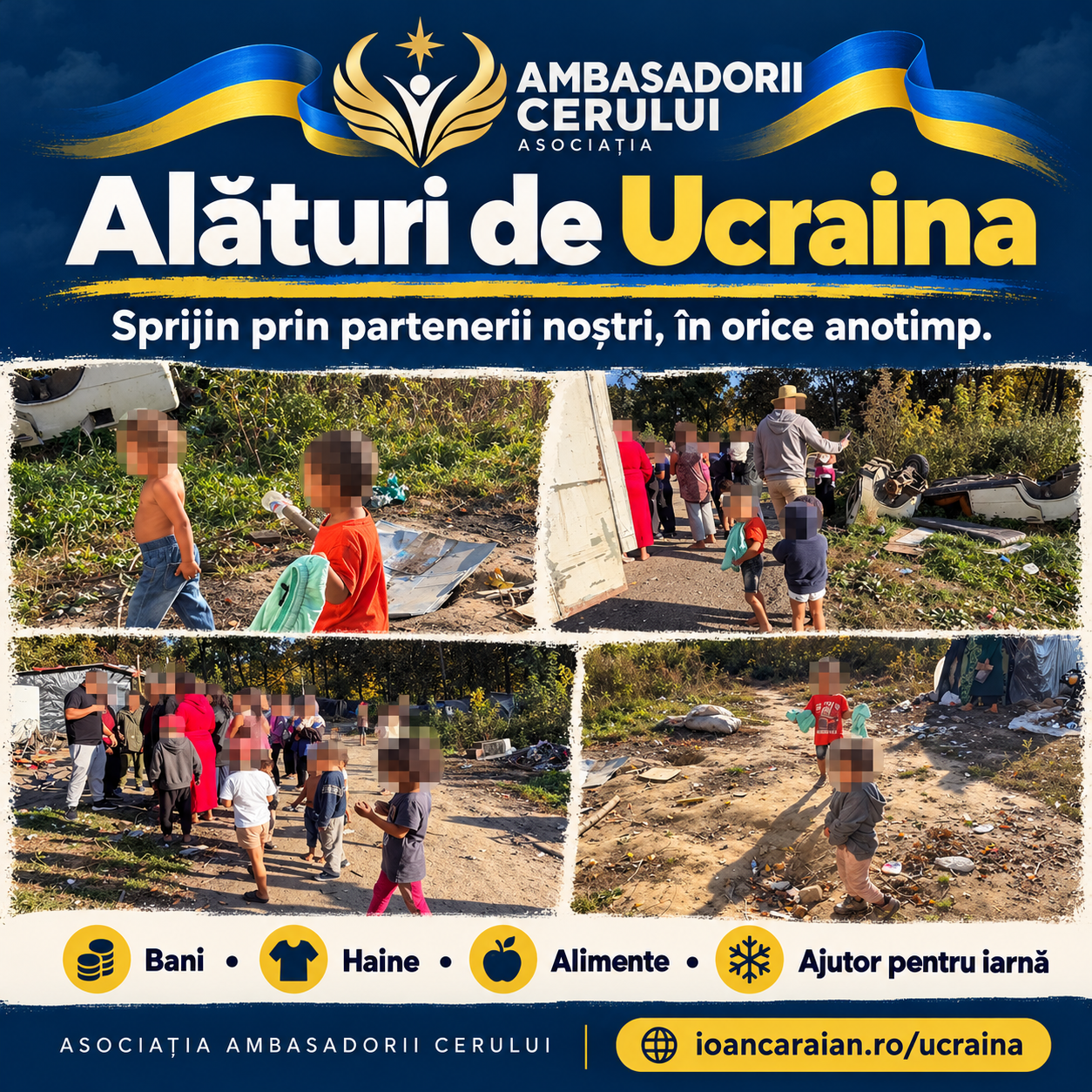 Alături de Ucraina: afișul asociației cu fotografii anonimizate și culorile steagului ucrainean