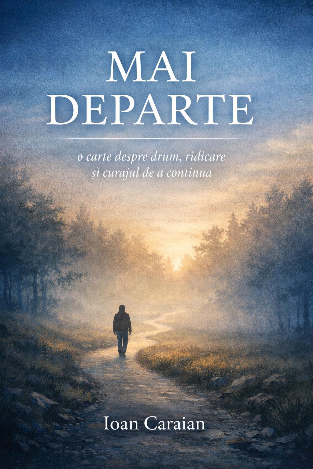Coperta originală Mai departe, de Ioan Caraian: un drum prin pădure spre lumină